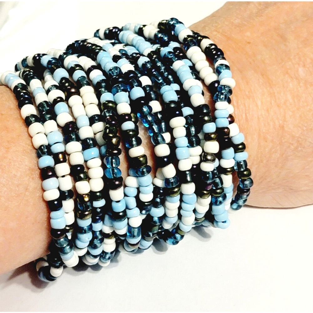 Wide Blue Beaded Bracelet Boho 16 Strands 8" x 2.25" Tribal Statement  sbr-12
